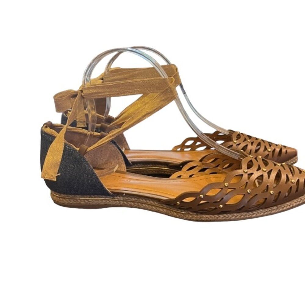 Gabriela Ephrem Leather Denim Flats Gold Lace Ankle Ribbon Brown Size 6.5